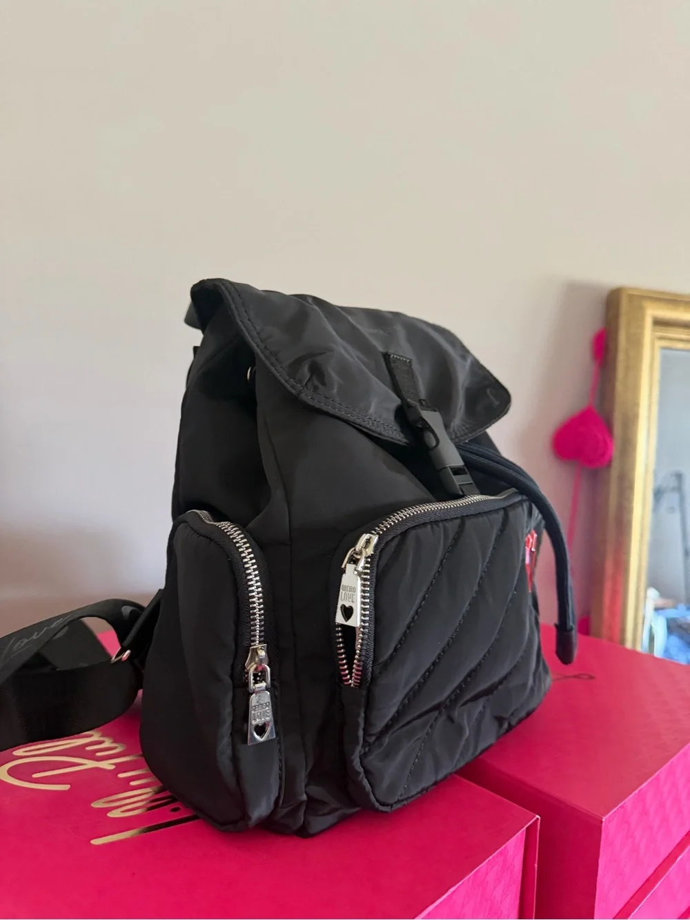 Oreiro Love Mini Backpack Black Quilted Backpack with Red Heart Accent